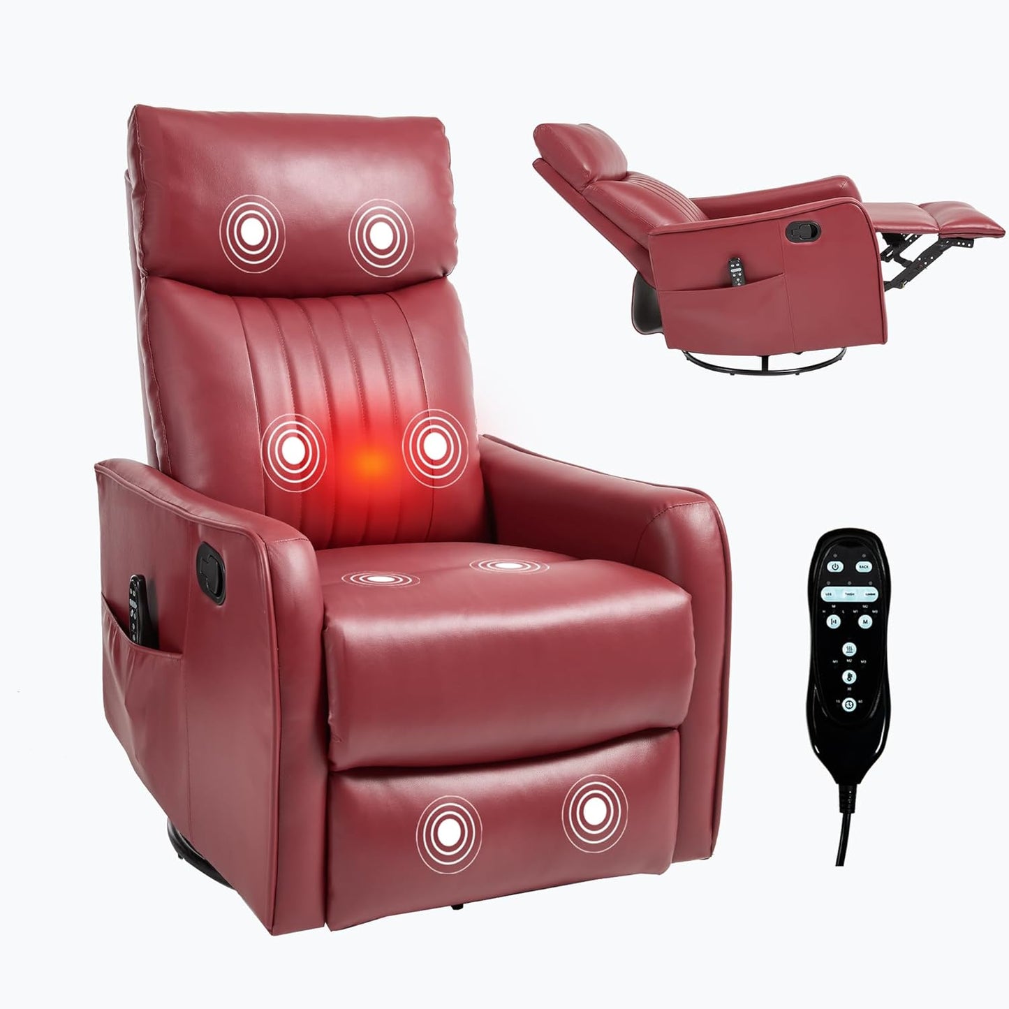 Swivel Rocker Recliner Chair for Adults, Nursery Rocking Chair with Heat and Massage, Glider Reclining Chair for Small Space Living Room Bedroom, Faux Leather Black