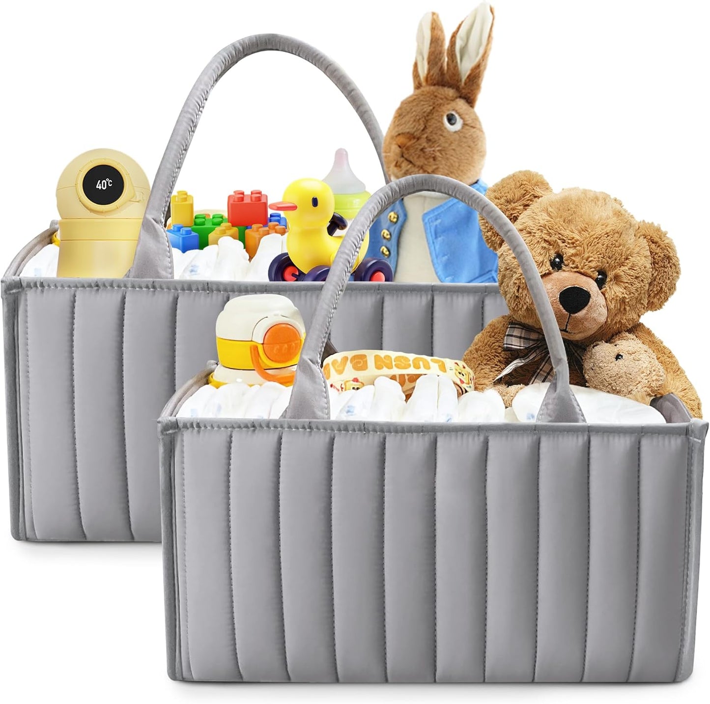 SWEET DOLPHIN 2-Pack Quilted Diaper Caddy Organizer – Premium Puffer Style Nursery Storage Bins – Water-Resistant & Wipeable Changing Table Organizer – Trendy Tote for Home & Car Travel - Mocha Brown