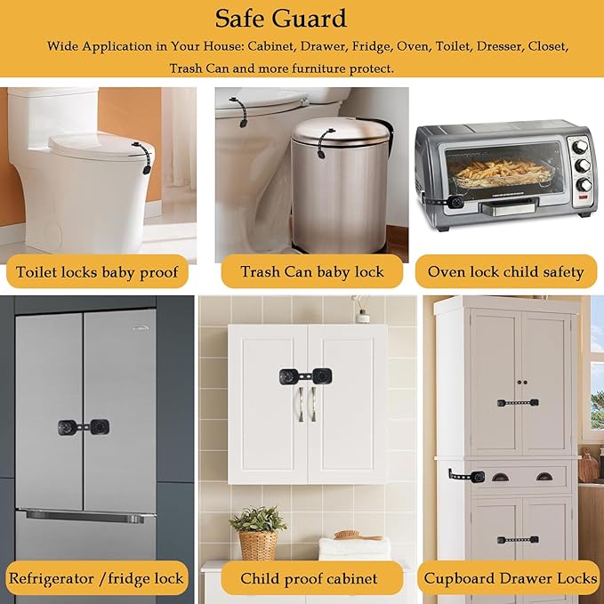 Cabinet Locks Baby Proofing, Child Safety Drawer Locks -Adjustable Child Safety Strap Locks Adhesive Baby Door Latch for Fridge Toilet Oven No Drill Furniture Kitchen Lock Black 2Pack