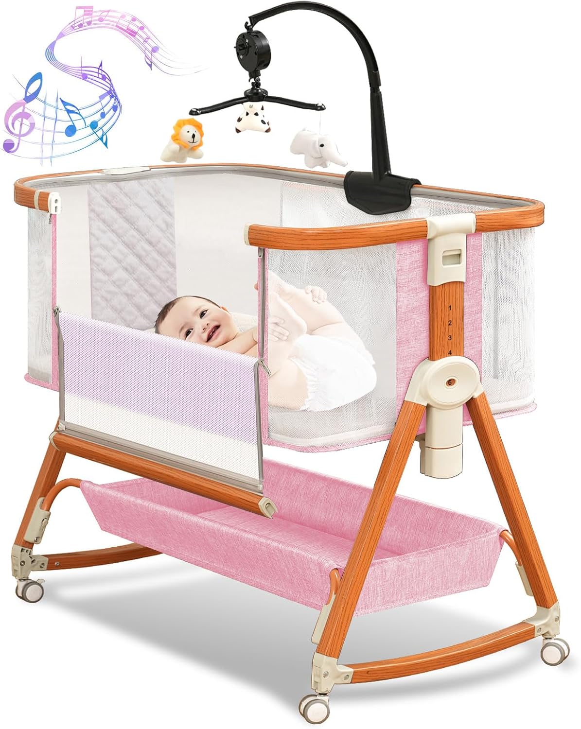 3 in 1 Bassinet,Baby Bassinets Bedside Sleeper with Musical Toy,Adjustable Height Bedside Bassinet for Baby with Wheels and Storage Basket,4-Sided Mesh Bedside Crib for Newborn 0-6 Months (Grey)