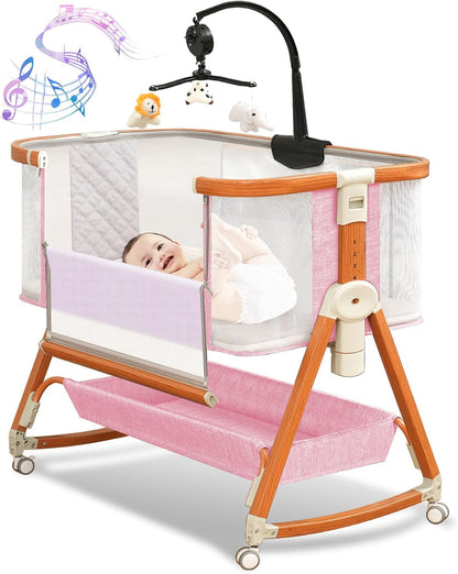 3 in 1 Bassinet,Baby Bassinets Bedside Sleeper with Musical Toy,Adjustable Height Bedside Bassinet for Baby with Wheels and Storage Basket,4-Sided Mesh Bedside Crib for Newborn 0-6 Months (Grey)