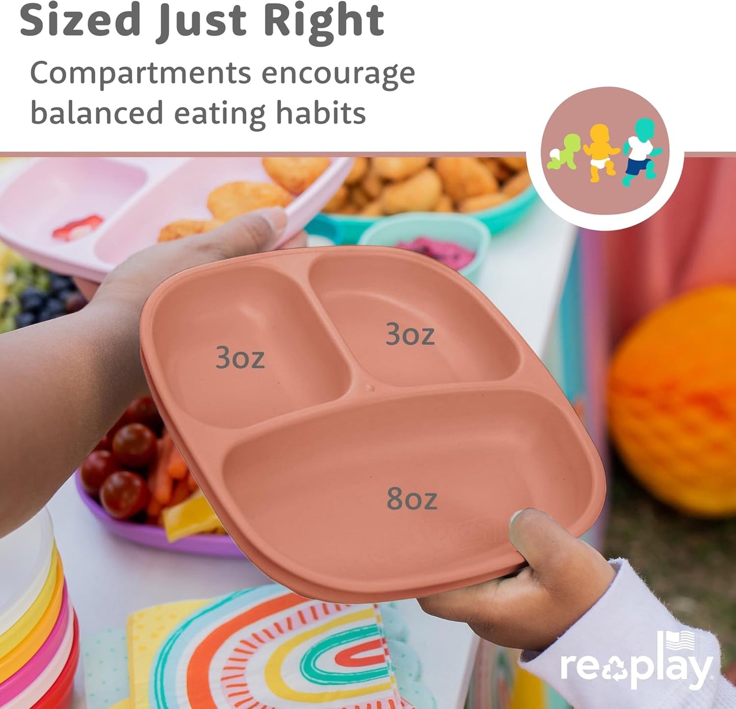 Re-Play Toddler Plates with Dividers - Deep-Walled 3 Compartments Divided Plates for Kids - Dishwasher & Microwave Safe - Made in USA - Set of 3-7.37" x 7.37" x 1.25" - Beach Baby