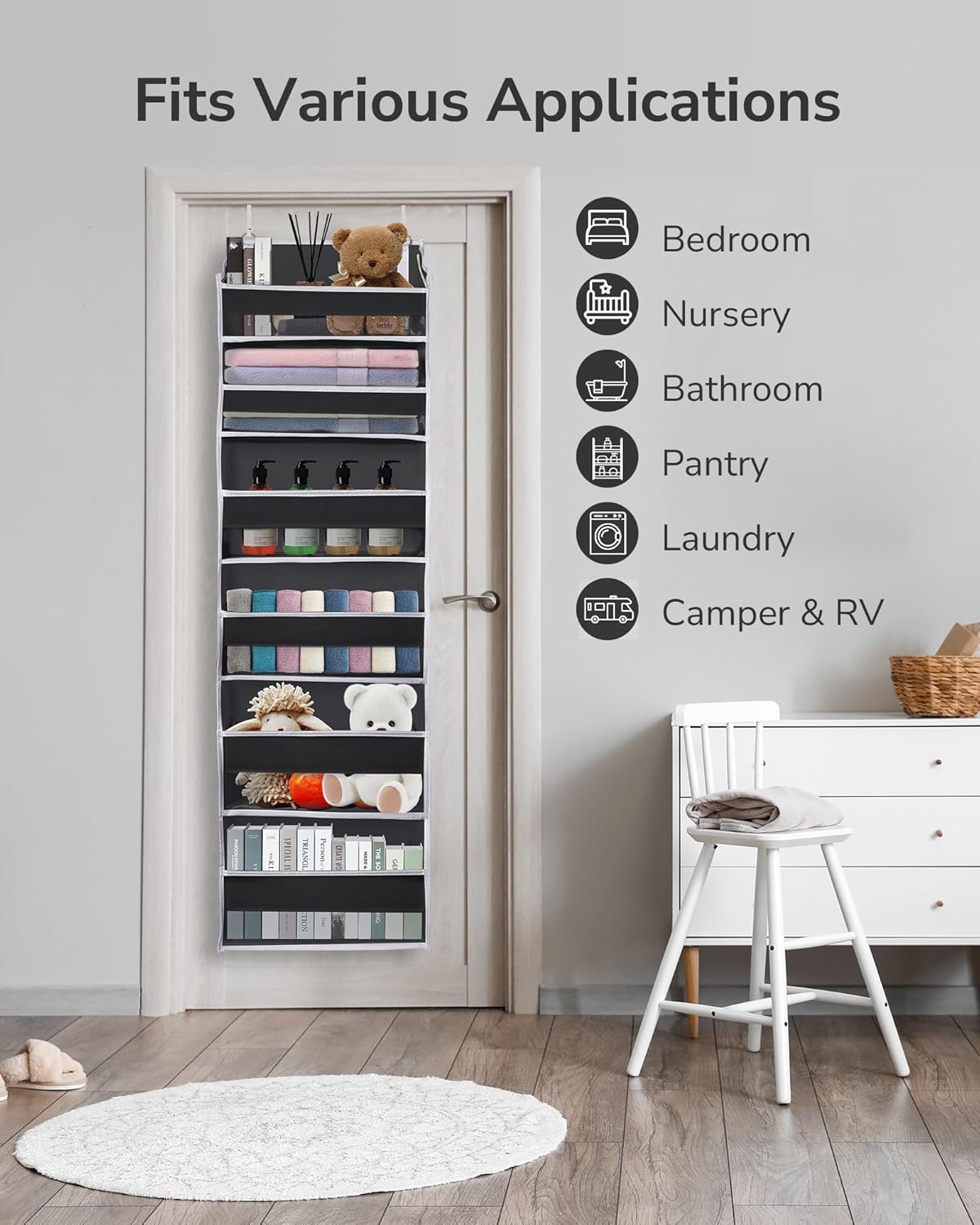 ULG 1 Pack Over Door Organizer with 5 Large and 10 Mesh Side Pockets, 44 lbs Weight Capacity Hanging Storage with Clear Window Kids Toys, Shoes, Diapers, Dark Grey, 5 Layers