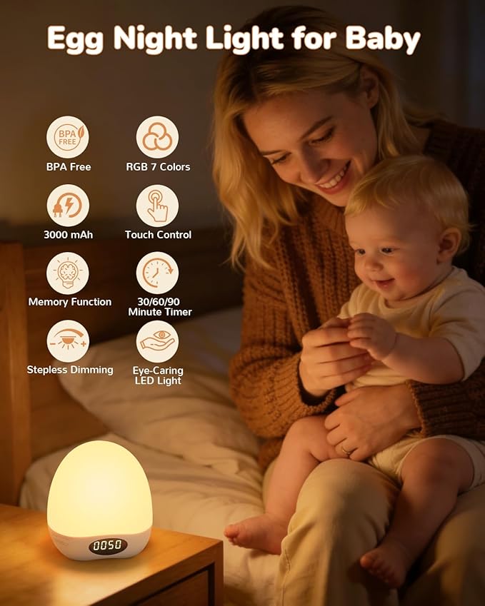 Egg Night Light for Nursery, Portable Rechargeable Baby Nightlight with Touch Control & RGB Color Changing, Dimmable Breastfeeding Lamp with Timer, Cute Wireless Night Light, Newborn Essentials