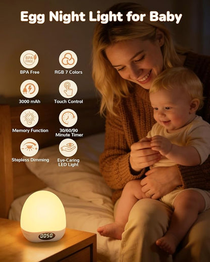 Egg Night Light for Nursery, Portable Rechargeable Baby Nightlight with Touch Control & RGB Color Changing, Dimmable Breastfeeding Lamp with Timer, Cute Wireless Night Light, Newborn Essentials
