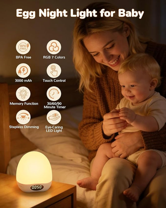 Egg Night Light for Nursery, Portable Rechargeable Baby Nightlight with Touch Control & RGB Color Changing, Dimmable Breastfeeding Lamp with Timer, Cute Wireless Night Light, Newborn Essentials