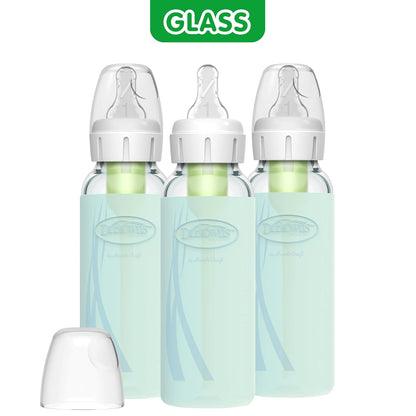 Dr. Brown's Anti-Colic Options+ Narrow Glass Baby Bottles 8 oz/250 mL, with Level 1 Slow Flow Nipple, 3 Pack 0m+ with Mint 100% Silicone Sleeves, BPA-Free