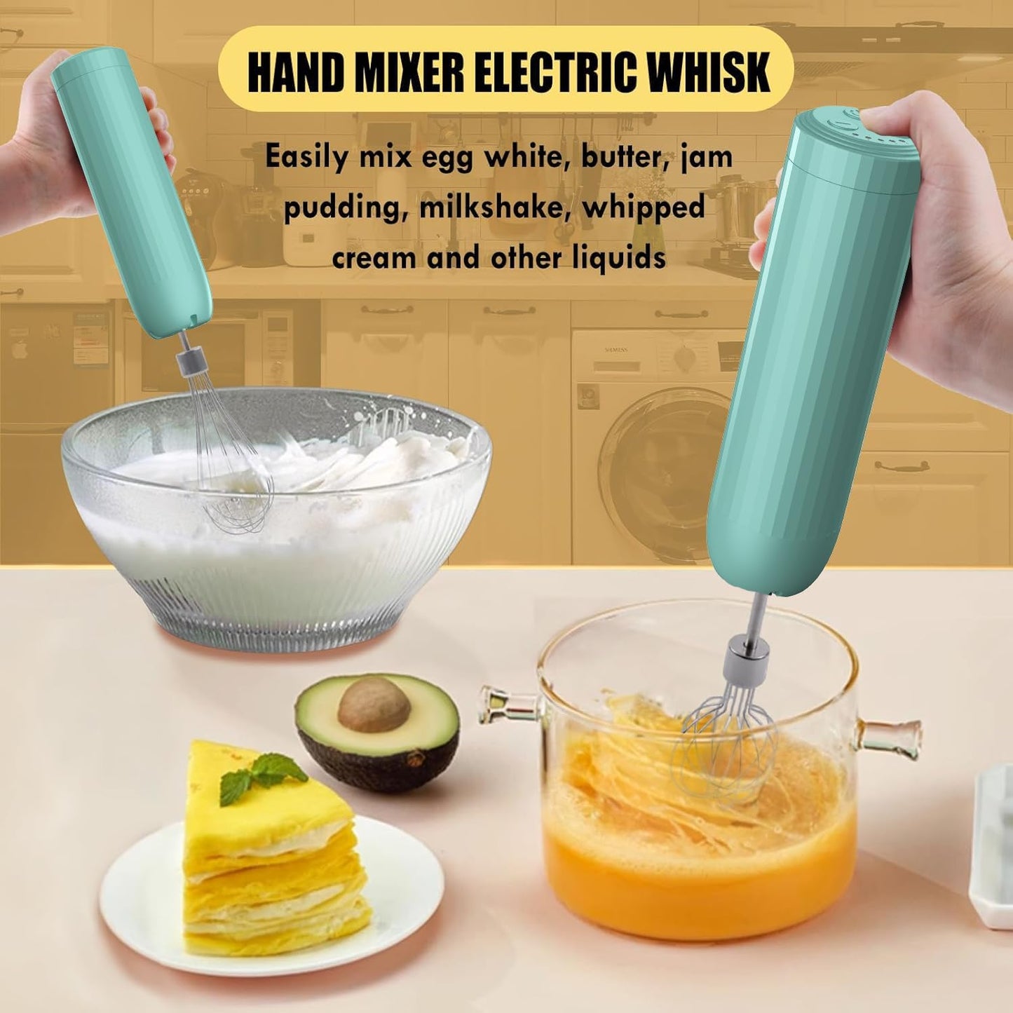 Hand Mixer with Whisk and Forther Wand,Electric Whisk, Milk Frother, Hand Held Mixers,Cordless Hand Mixer, Whisks for Cooking, Mini Mixer,Stirrers Electric,Food Chopper, Baby Food Maker,4-Speed, 10Oz