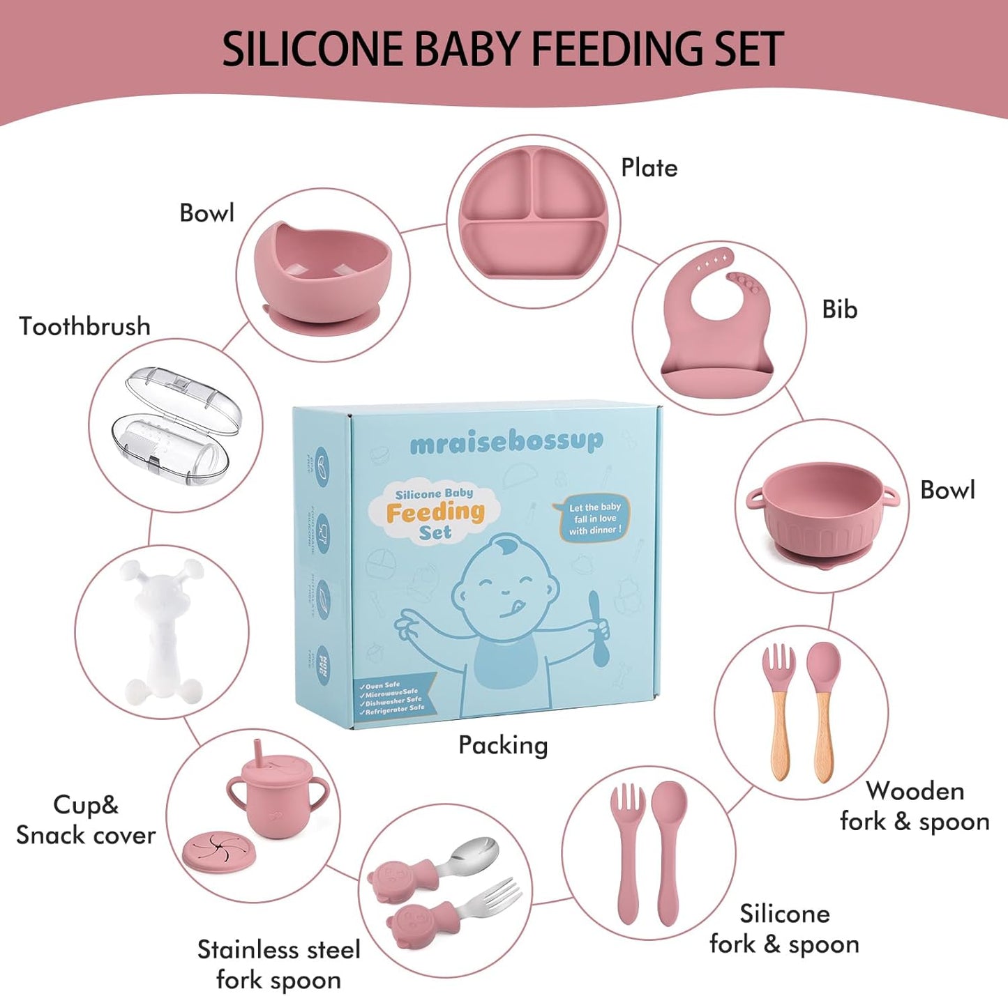 Silicone Baby Feeding Set 15 Pcs，Baby Spoons Suction Bowl Divided Plate Bib Cup Finger Brush Training cups,Baby Led Weaning Supplies,Baby Plates，Toddler Feeding Plates and Bowls Set（purple）