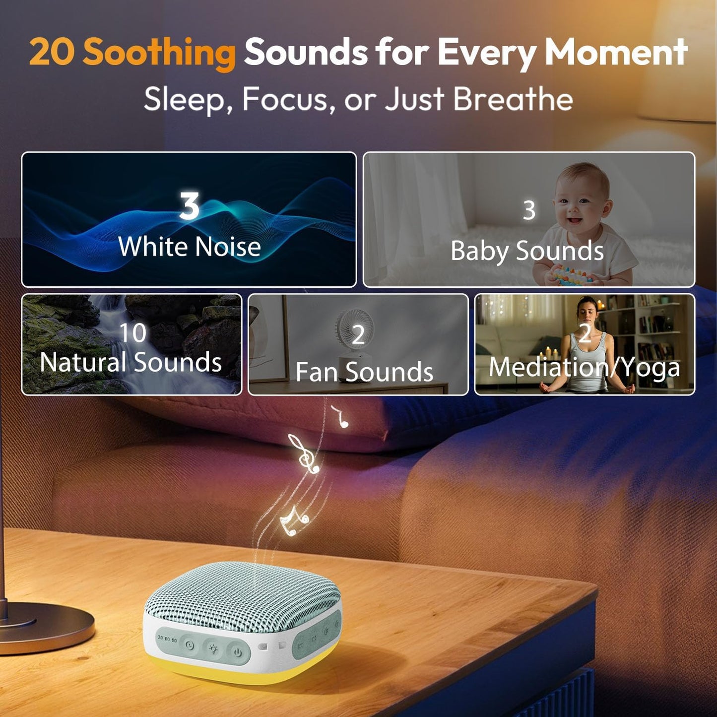 Portable Sound Machine for Travel, White Noise Sound Machine for Sleeping, 52-Hour Lasting Mini Noise Machine with 21 Quality Non-looping Sounds, Headphone Jack, Memory, Timer for Adults,Hotel (White)