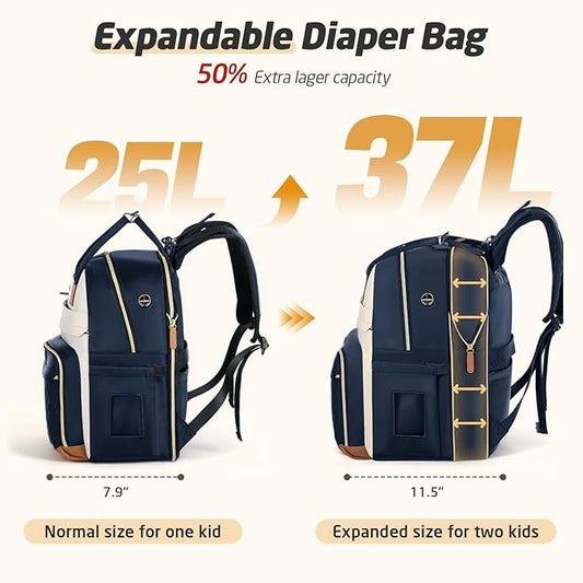 Diaper Bag Backpack - Extra Large Diaper Bag for 2 Kids Twin, Travel Baby Bags for Mom Dad 25-37L Expandable with Changing Pad Earphone Hole, Apricot Blue
