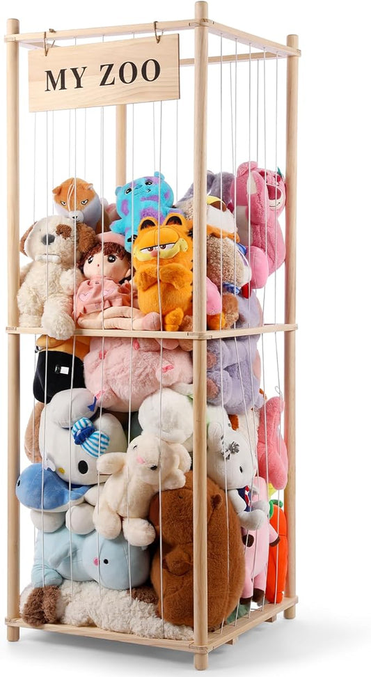 GLDZI Stuffed Animal Storage Zoo, Wooden Stuffed Animal Organizer with Elastic Cords for Boys Girls, Space Saving Toy Plushies Storage Holder for Playroom, Bedroom, Living Room (Burlywood, Large)