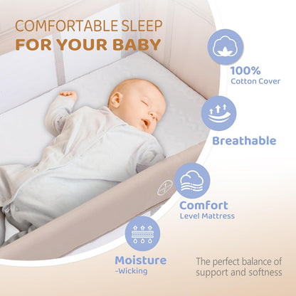 JOYMOR Baby Bedside Bassinet, Baby Bassinet, Pack n Play Convert Playpen, Quick Foldable Travel Bed with Wheels & Brake, Carry Bag for Boys Girls (Gray)