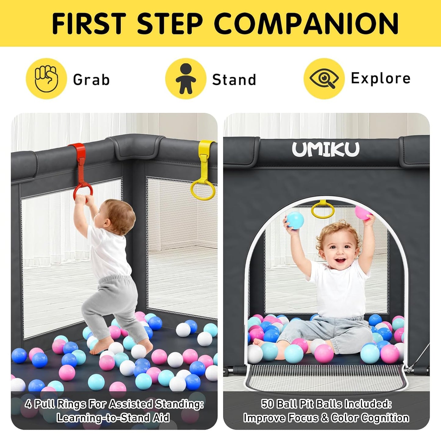 Baby Playpen Foldable Playpen for Babies and Toddlers, Large Playpens Portable Play Pen Play Yard for Kids Fence Indoor Outdoor Travel 4 Handlers 50 Balls Baby Gifts Essentials 50"X50" Dark Grey