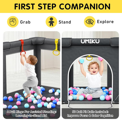 Baby Playpen Foldable Playpen for Babies and Toddlers, Large Playpens Portable Play Pen Play Yard for Kids Fence Indoor Outdoor Travel 4 Handlers 50 Balls Baby Gifts Essentials 50"X50" Dark Grey