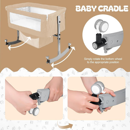 Baby Bedside Sleeper Bassinet with Changing Table, 39.4x23.6in, Portable, 6-Height Adjustable, 4-in-1 Iron Frame, Silent Wheels & Brakes, Breathable Mesh, Grey, for 0-24 Months