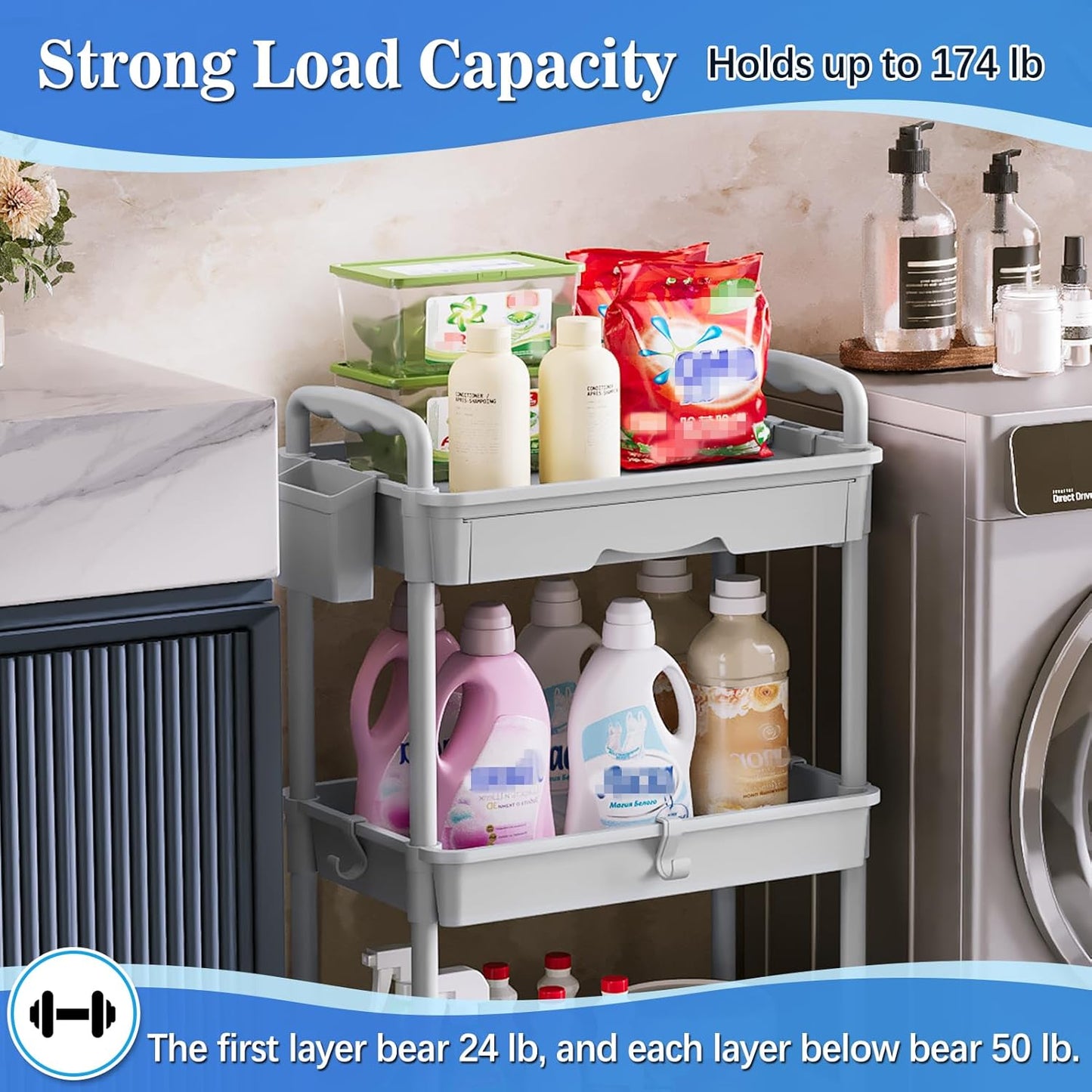 SUNALLY 3 Tier Rolling Cart with Drawer, Bathroom Storage Organizer with 2 Lockable Wheels, Multifunctional Rolling Storage Cart for Bathroom, Kitchen, Office, Craft, Makeup, Baby Essentials, White