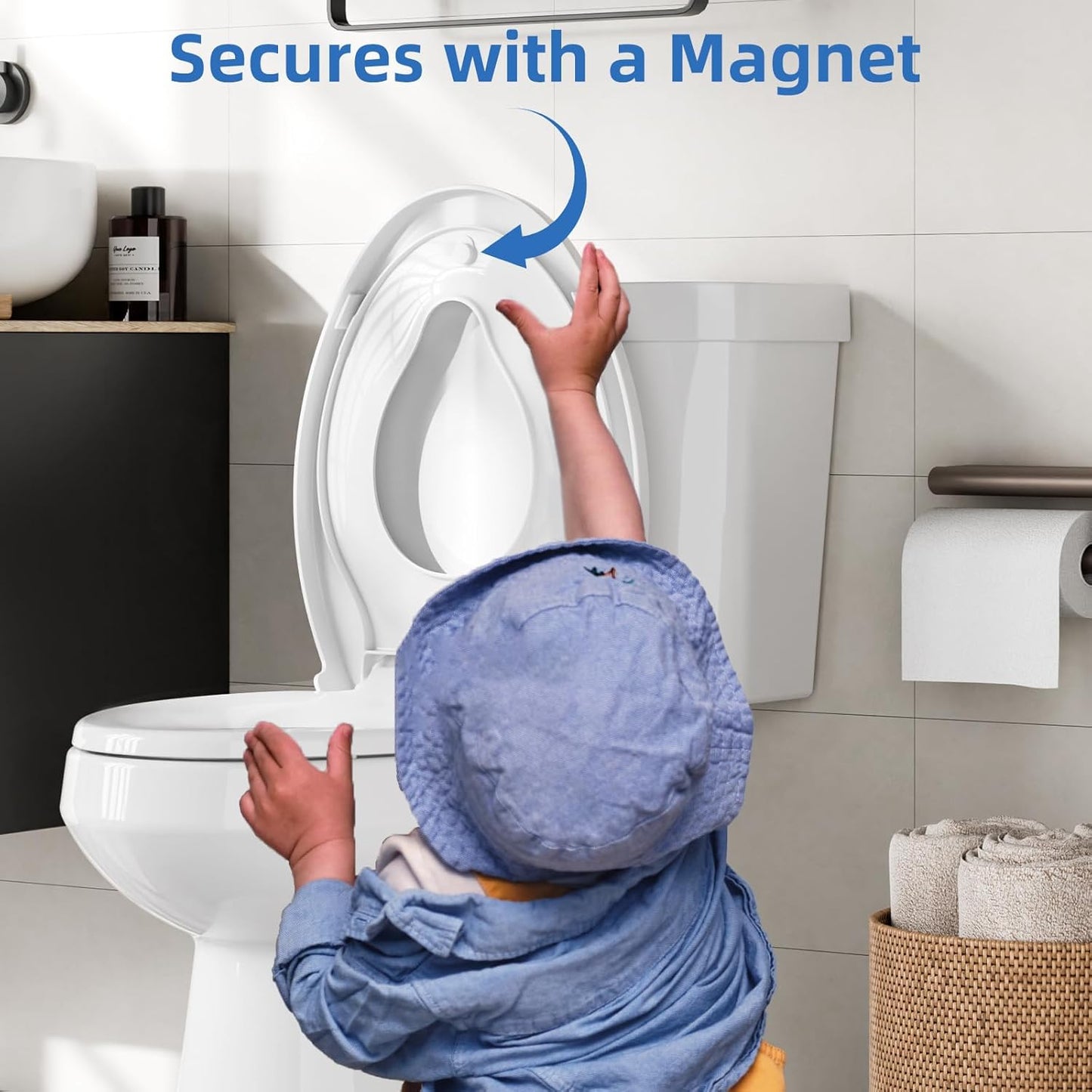 17" White Round Toilet Seat for Adult and Child, Built-In Potty Training Seat with Soft Quiet Close Non-Slip Design, Magnetic Kids Seat and Cover for Round/Oval Toilets, Easy to Install and Clean