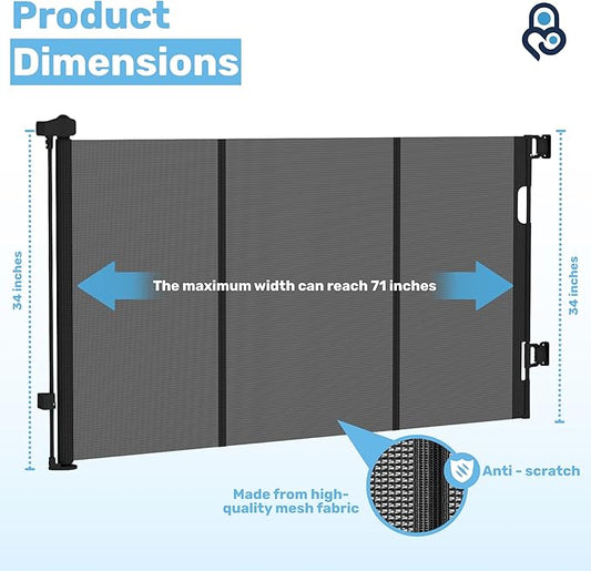 Baby Proof Me Retractable Baby Gates for Stairs & Doorways - 71” Wide Mesh Safety Gate for Toddlers, Dog & Pets - Use for Indoor/Outdoor, Hallways, Deck, Porch - Easy Installation, Secure Closure