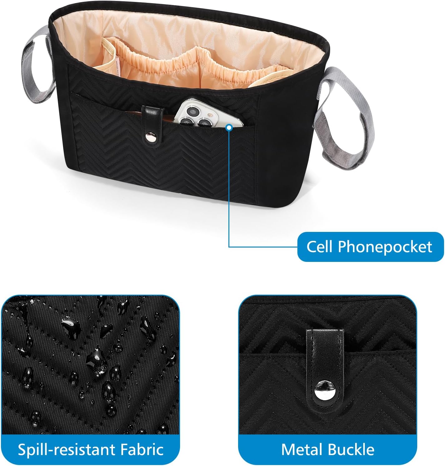 Accmor Universal Stroller Organizer, Stroller Bag Stroller Caddy Organizer, Stroller Accessories Fits for Uppababy, Baby Jogger, Nuna, Doona, Britax Strollers, Black