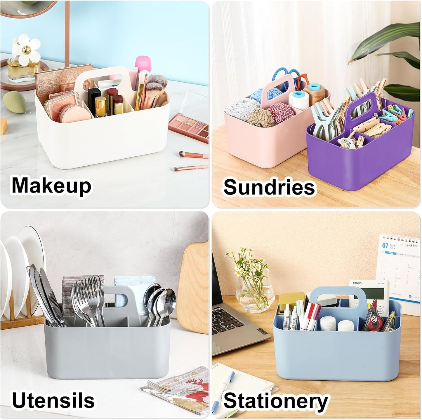 Multiuse Caddy Organizer with Handle, Portable Divided Plastic Tote Bin - Art Craft, Stationary Pen Marker Crayons, Makeup Hair Supplies Storage - Bathroom, Classroom, Dorm, Office, Desk Holder - Pink