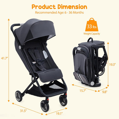 Lightweight Baby Stroller, Compact One-Hand Fold Travel Stroller Airplane Friendly, Reclining Infant Stroller with 5-Point Harness & Adjustable Canopy, All-Terrain Stroller for Toddlers 6-36 Months