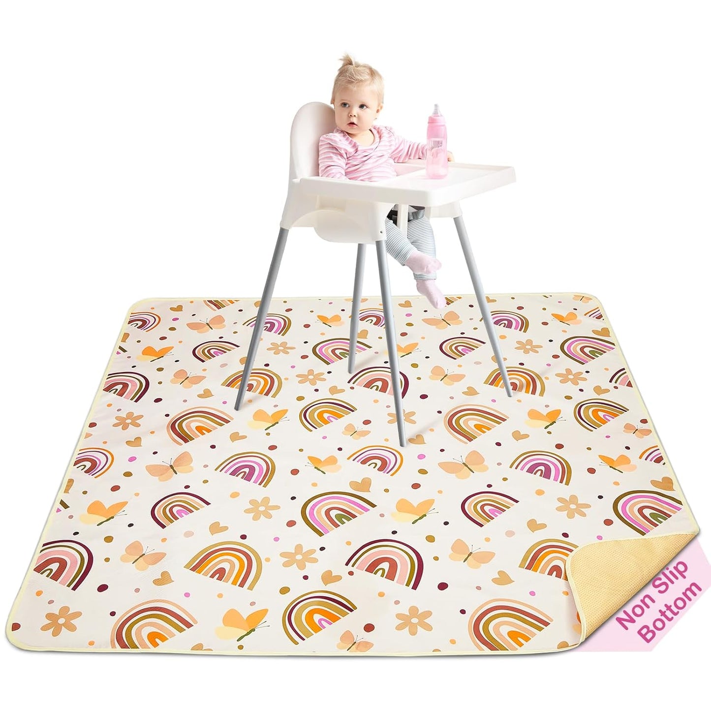 Basumee Splat Mat High Chair Mat Waterproof Baby Play Splat Mat for Under High Chair Food Catcher Highchair Mat for Floor Non Slip Bottom, Pink Rainbow, 46x42 Inches