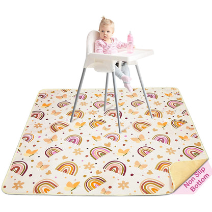 Basumee Splat Mat High Chair Mat Waterproof Baby Play Splat Mat for Under High Chair Food Catcher Highchair Mat for Floor Non Slip Bottom, Pink Rainbow, 46x42 Inches