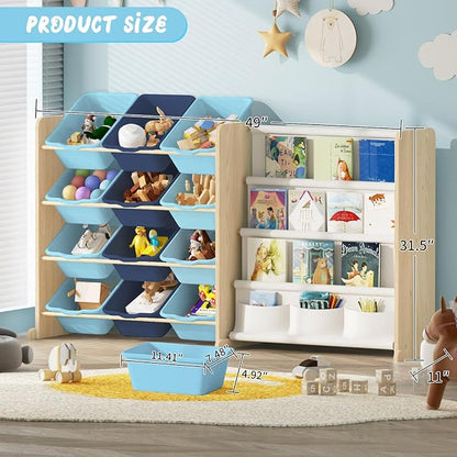 EXPERLAM Kids Toy Storage Organizer - Toy Storage with Bookshelf, Toy Organizer with 12 Blue Bins and 4 Book Shelves, Toy Organizers and Storage for Playroom, Nursery, Kids Room, Burlywood