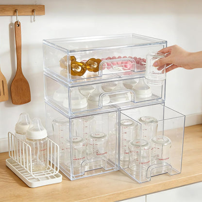 Baby Bottle Organizer, 4 Pack Clear Space-Saving Stackable Drawer with Handle, Baby Bottle Storage Organizer for Countertop and Cabinet