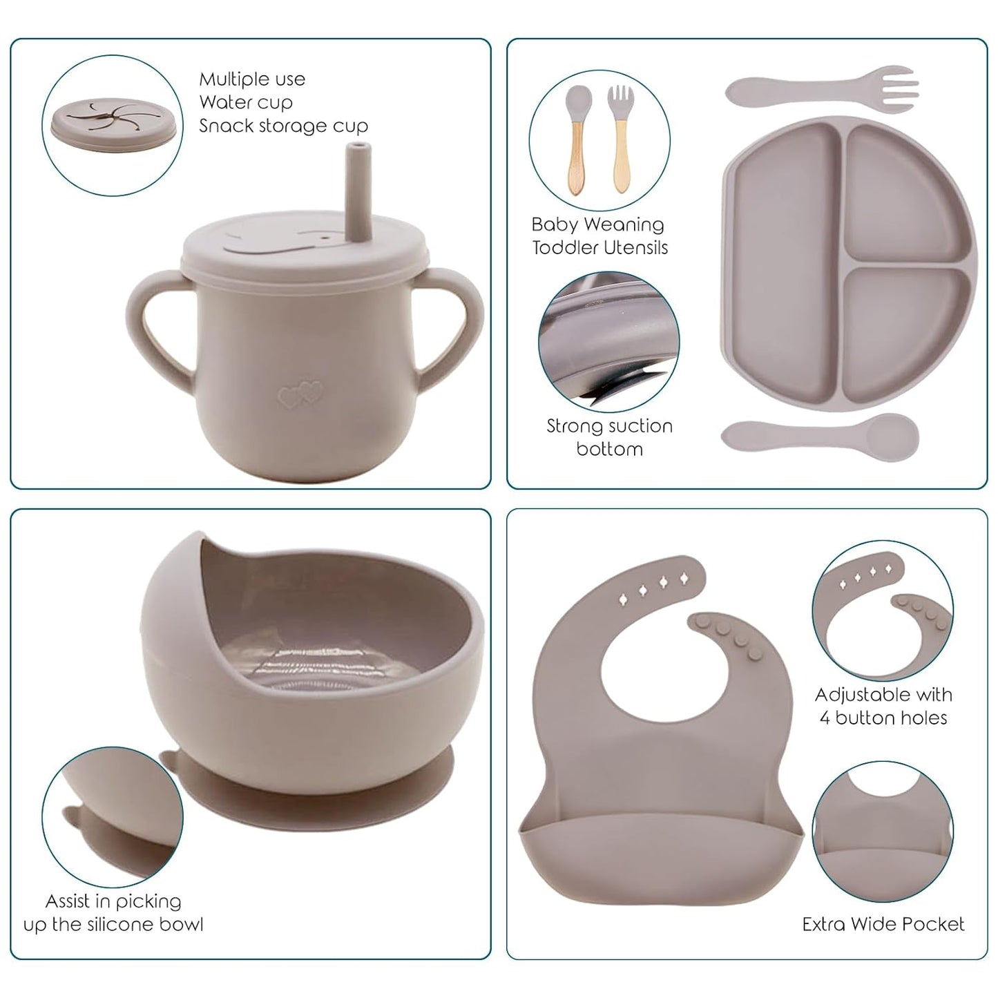 100% Silicone Baby Feeding Set, BPA Free Baby Dishes with Suction Bowl, Divided Plate, Toddler Self Feeding Dish Set with Spoons, Forks, Sippy Cup and Bib, Baby Eating Utensils (Navy Blue)