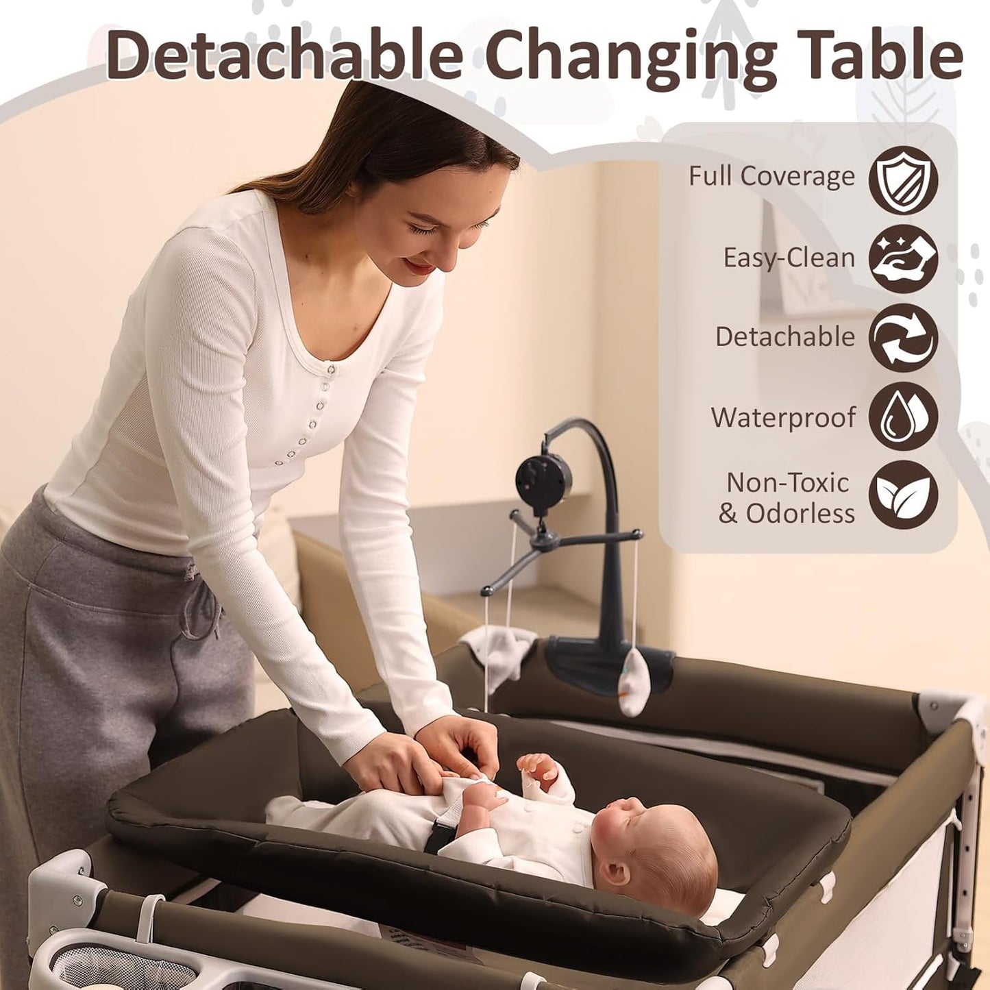 5-in-1 Baby Bassinet Bedside Sleeper, Foldable Pack and Play,One-Push Bedside Crib with Playard, Includes Mattress, Changing Table, Mosquito Net, Music Toy & Storage for Newborn to Toddler (Dark Grey)