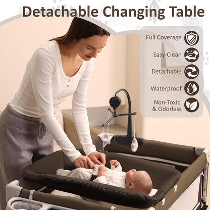 5-in-1 Baby Bassinet Bedside Sleeper, Foldable Pack and Play,One-Push Bedside Crib with Playard, Includes Mattress, Changing Table, Mosquito Net, Music Toy & Storage for Newborn to Toddler (Dark Grey)
