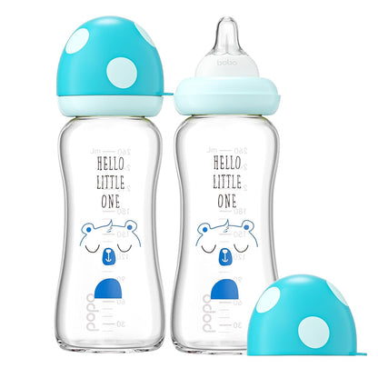 YOHKOH Natural Glass Baby Bottle with Level 1 Slow Flow Nipple, Newborn Anti-Colic Baby Bottles, Wide Neck Mushroom Baby Glass Bottle (Multicolour-A, 3.4oz (Pack of 4))