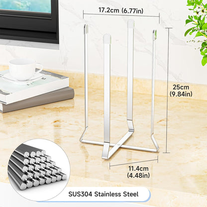 Water Bottle Drying Rack, Foldable Cup Drying Rack for Counter, Stainless Steel Tumbler Dryer Stand, Multifunctional Space-Saving Dryer Racks for Bottles, Baby Bottle, Glass & Plastic Bag (Silver)