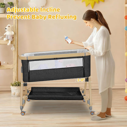 Bassinet Bedside Sleeper,Bedside Bassinet,Rocking Bassinet,3 in 1 Portable Bedside Crib with Mattress,Mobile,Mosquito Net,Storage Basket,6-Height Adjustable Baby Bassinet with Wheels for Newborn,Beige