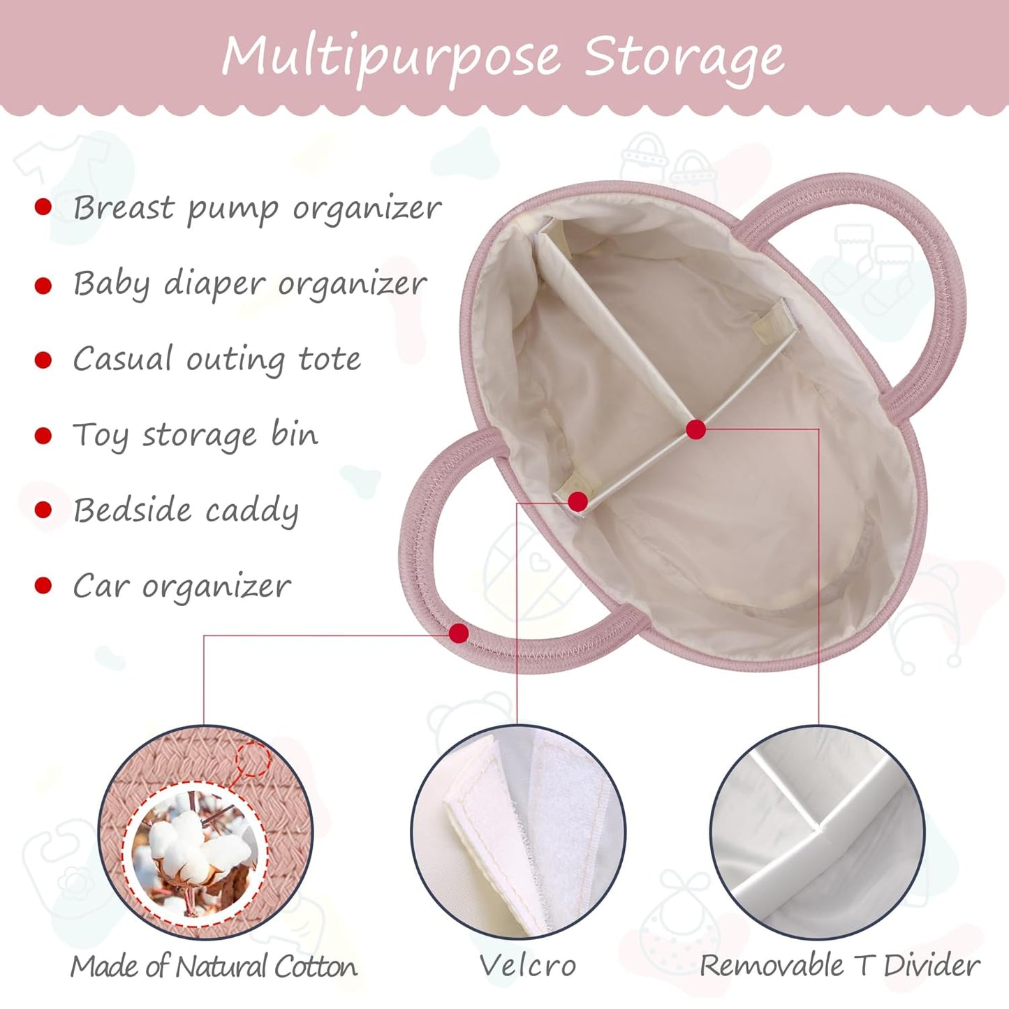 COMSE Baby Diaper Caddy Organizer, Car Caddy, Diaper Change Organizer, Gift Baskets Empty, Portable Tote Bag with Divider, Baby Shower Gifts Newborn Essentials Registry Must Have, Light pink