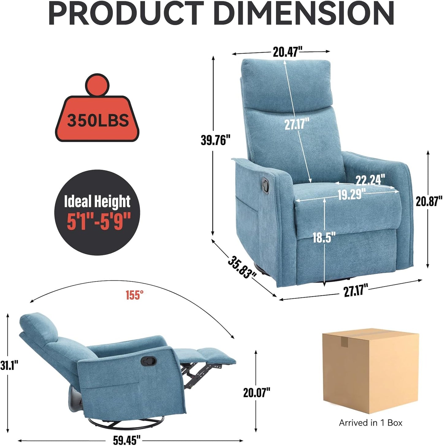 Swivel Rocker Recliner Chair for Adults, Nursery Rocking Chair with Heat and Massage, Glider Reclining Chair for Small Space Living Room Bedroom, Faux Leather Black