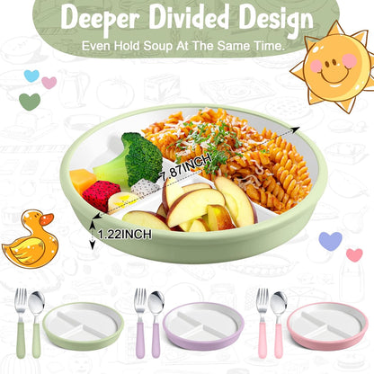 Teenyyou 3 Pack 8" Large Porcelain Toddler Plates Feeding Set, Ceramic Kids Suction Plates with Anti Slip Silicone Sleeve for Baby 3 Spoons and Forks Divided Kids (Blue,Green,Beige)