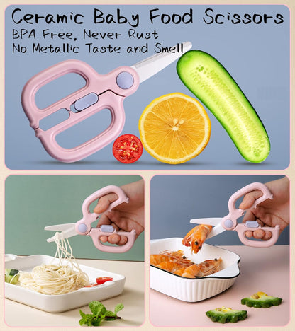 Baby Food Scissors with Travel Case, Ceramic Food Scissors Kids, Toddler Scissor with Safety Lock, Ideal for Pizza, Meats, Noodles, Vegetables, and Fruits (C)