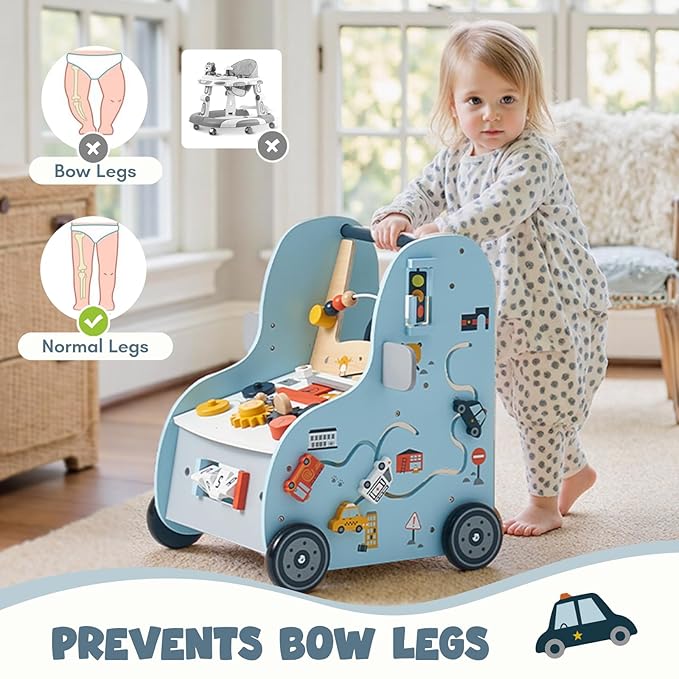Giant bean 11-in-1 Wooden Baby Push Walker with Activity Center – Car Traffic Theme Shape Sorter Tool Bench, Steering Wheel Gears, Montessori Toy Gift for Toddler 1-3, Walking Toy Speed Adjustable