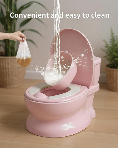 Realistic Potty Training Toilet - Flushing Sounds, Wipes Storage, Disposable Liners, Easy to Clean for Toddler Boys and Girls (Pink)