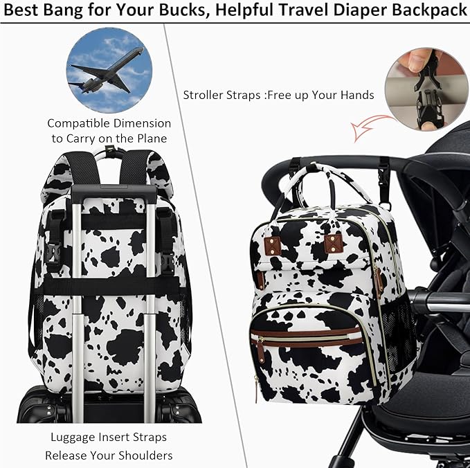 Tenot Diaper Bag Backpack for Women with Changing Pad, Baby Bag with Insulated Pockets Multifunctional Diaper Bags For Baby Girl Boy Waterproof Baby Bags For Boys Girls Maternity Bag Cow Print