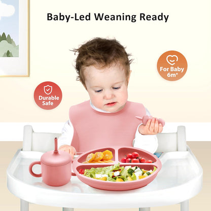 Bufims Silicone Baby Feeding Set, Baby Led Weaning Supplies, Eating Essentials Utensils with Suction Plate and Bowl, Pocket Bib, Sippy Cup with Lid, Forks Spoons Snack Container, for 6+ Months, Green
