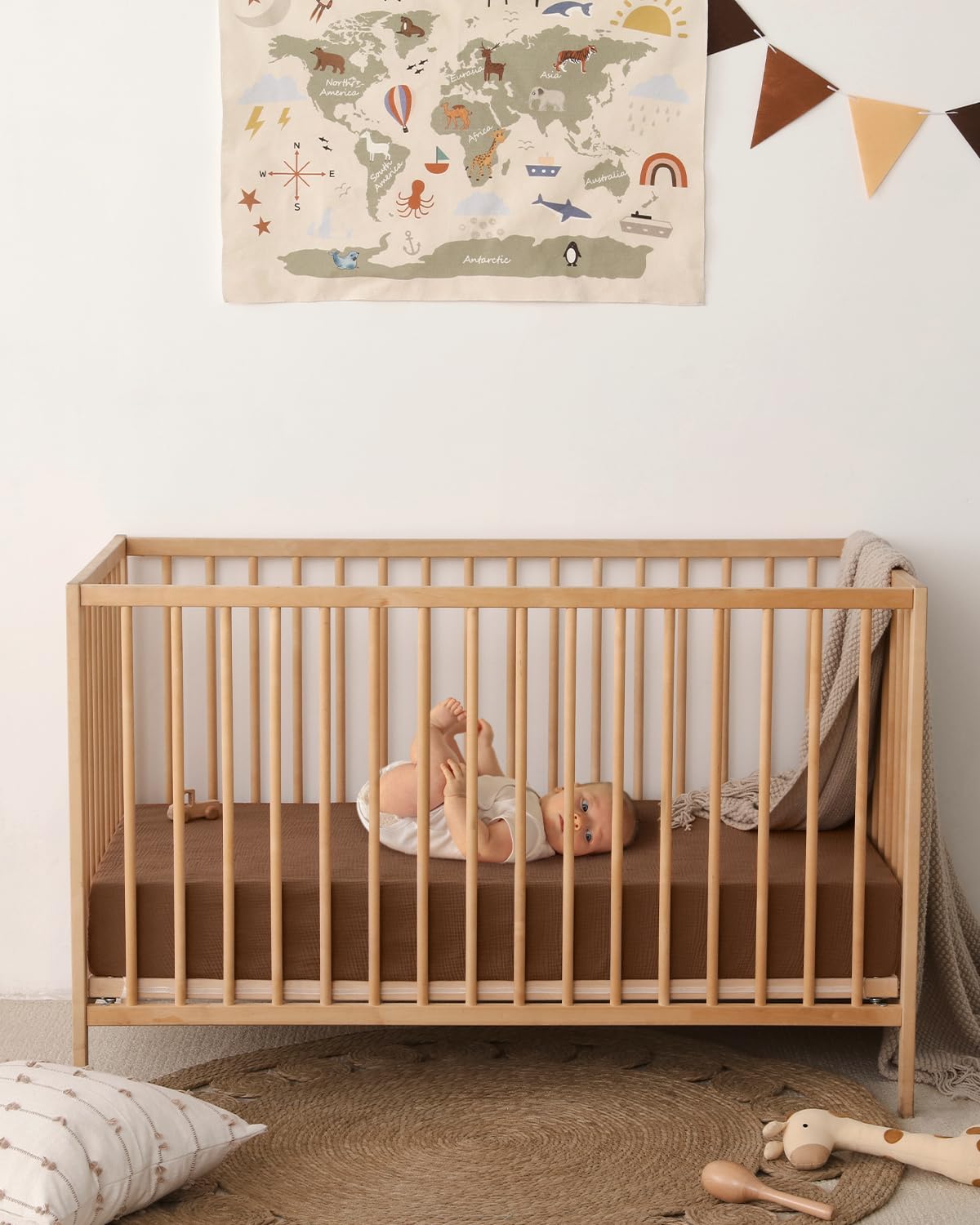 Blissful Diary Muslin Bassinet Sheets for Baby Girls Boys, Boho Soft Cotton Fitted for Oval Hourglass Rectangle Mattress, 2 Pack(Sunshine&Brown)
