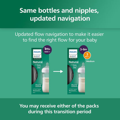 Philips Avent Natural Glass Baby Bottles with Natural Response Nipples (Slow Flow, Flow 2), 4oz, 4-Pack, SCY910/04