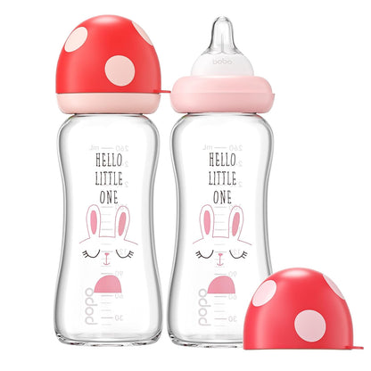 YOHKOH Natural Glass Baby Bottle with Level 1 Slow Flow Nipple, Newborn Anti-Colic Baby Bottles, Wide Neck Mushroom Baby Glass Bottle (Multicolour-A, 3.4oz (Pack of 4))