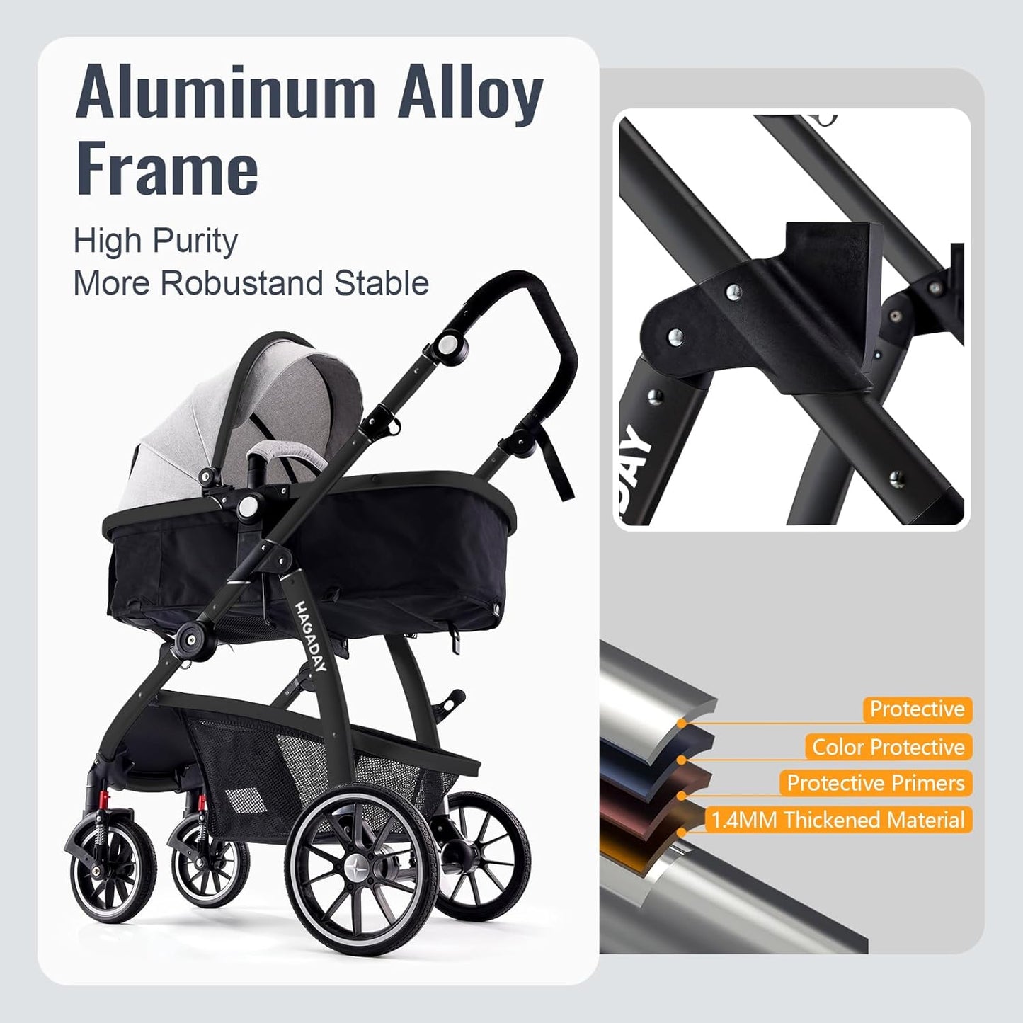 Baby Stroller, 2-in-1 Reversible Toddler Seat with Lie-Flat Mode, Foldable Infant Stroller with Canopy, One Button Brake, Adjustable Handle, Newborn Pushchair (Black B)