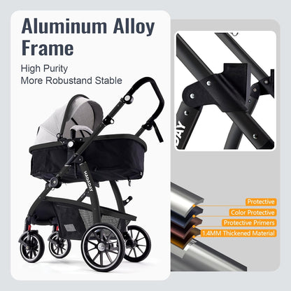 Baby Stroller, 2-in-1 Reversible Toddler Seat with Lie-Flat Mode, Foldable Infant Stroller with Canopy, One Button Brake, Adjustable Handle, Newborn Pushchair (Black B)
