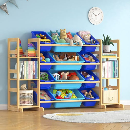 Large Toy Storage Organizer Kids Toy Organizer and Bookshelf Combo with 12 Bins and 6 Shelves Toy Organization Box Toy Shelf for Playroom, Bedroom, Nursery